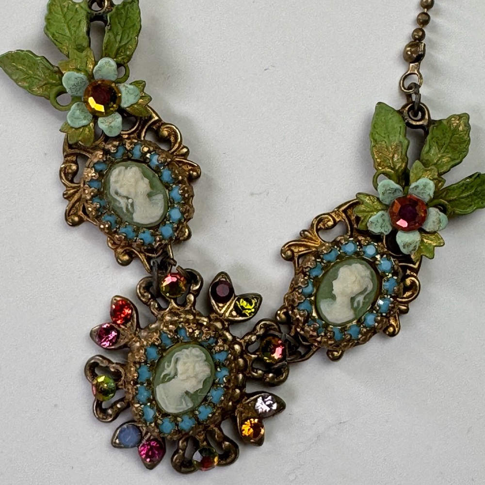 Michal Negrin Cameo Statement Necklace Swarovski Crystals Floral 17” VTG